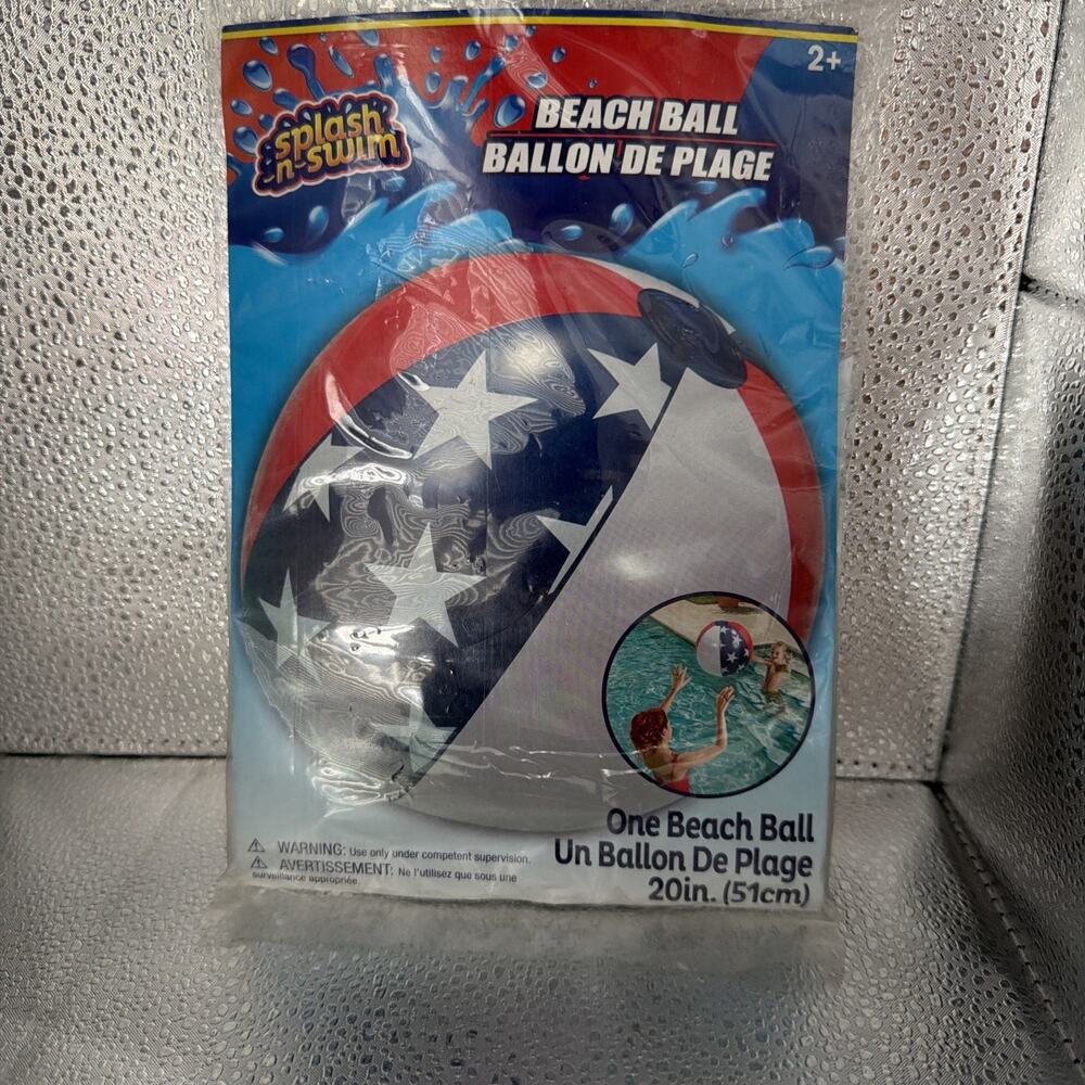 Splash -n- Swim American Beach Ball Inflates to 20” Stars White Blue Red